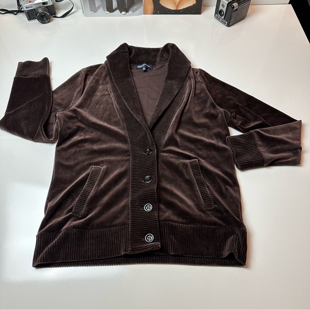Jones New York Brown Velvet Cardigan Jacket M Y2K Chocolate Shawl Collar
Jones